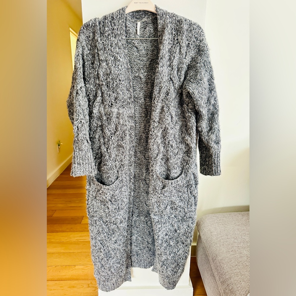 SAGE gray duster-style cable knit cardigan sweater LARGE